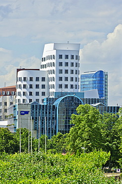 The WDR building and the Gehry buildings, Medienhafen district, Duesseldorf, North Rhine-Westphalia, Germany, Europe