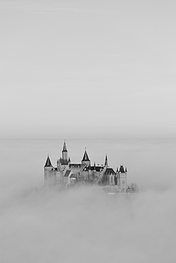 Burg Hohenzollern Castle with fog, autumn, Hechingen, Swabian Alb, Baden-Wuerttemberg, Germany, Europe