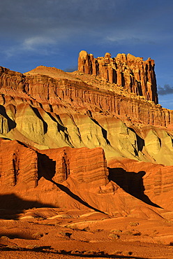 Last daylight at The Castle Rock, sunset after a thunderstorm, Capitol Reef National Park, Utah, Southwestern USA, USA