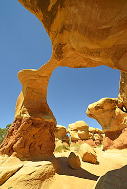 "Metate Arch", natural arch, Devil's Garden, eroded hoodoos and Entrada Sandstone rock formations, Goblins, Hole-In-The-Rock-Road, Grand Staircase-Escalante National Monument, GSENM, Utah, Southwestern USA, USA