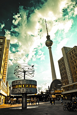 Fernsehturm, television tower and World Clock on Alexanderplatz square in Berlin, Germany, Europe