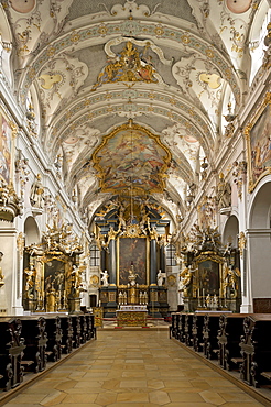 Benedictine monastery of St. Emmeram, St. Emmeram's Abbey, papal basilica, nave and high altar with a baroque interior by the Asam brothers, old town of Regensburg, Upper Palatinate, Bavaria, Germany, Europe