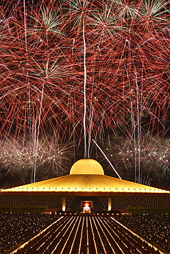 Fireworks at Wat Phra Dhammakaya, Chedi Mahadhammakaya Cetiya, Khlong Luang District, Pathum Thani, Bangkok, Thailand, Asia