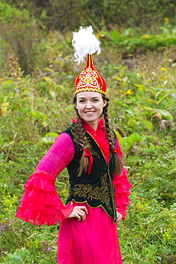 Young Kazakh woman, Kazakh ethnographic village aul Gunny, Talgar, Almaty, Kazakhstan, Asia