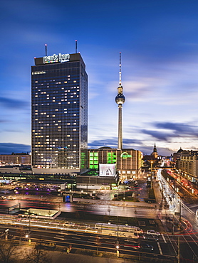 Alexanderplatz with television tower and hotel park inn, blue hour, Berlin, Germany, Europe