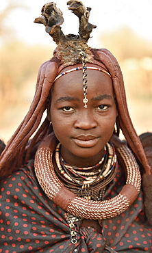 Portrait of a young, married woman with headdress and necklace, Kaokoveld, Namibia, Africa