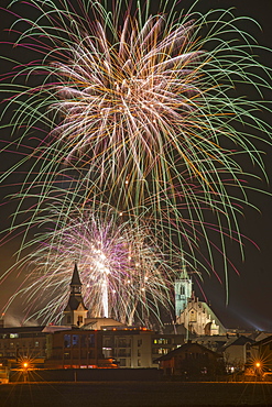 Fireworks, Spitalskirche and parish church, Schwaz, Tyrol, Austria, Europe