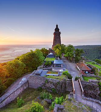 Kyffhäuser monument in the evening light, at back the Goldene Aue, near Bad Frankenhausen, Thuringia, Germany, Europe