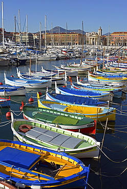 Colorful boats in harbour, Port Lympia, Nice, Provence-Alpes-Côte d'Azur, France, Europe