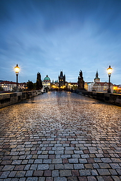 Charles Bridge at dusk, Prague, Bohemia, Czech Republic, Europe