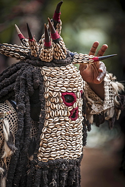 Men of the ethnic group of the Bamileke with traditional masks, Dance of Death in honor of a deceased person, Badenkop, West Region, Cameroon, Africa