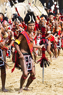 Tribal ritual dance at the Hornbill Festival, Kohima, Nagaland, India, Asia