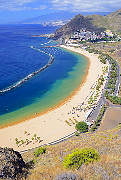 Beach, Playa de las Teresitas, San Andres, Santa Cruz in the background, Tenerife, Canary Islands, Spain, Europe