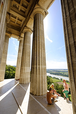 Pillars of the Walhalla with view to the Danube, Donaustauf, Bavarian Forest, Upper Palatinate, Bavaria, Germany, Europe