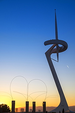 Calatrava Tower in Olympic Park at dusk, Montjuic, Barcelona, Catalonia, Spain, Europe