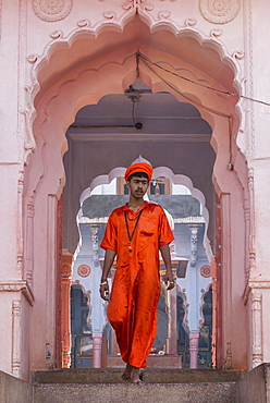 Young sadhu in front of a Hindu temple in Pushkar, Rajasthan, India, Asia