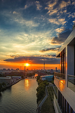 View from the Living Levels high-rise building on Berlin's East Side Gallery towards the city centre, Berlin, Germany, Europe