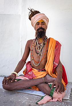 Sadhu in lotus position, Pushkar, Rajasthan, India, Asia