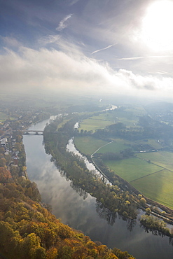 Aerial view, floodplains of the Ruhr River with autumnal clouds, morning fog, Mulheim an der Ruhr, Ruhr area, North Rhine-Westphalia, Germany, Europe