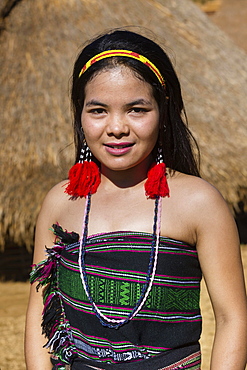 Phnong woman in traditional costume, ethnic minority, Pnong, Bunong, Senmonorom, Sen Monorom, Mondulkiri Province, Cambodia, Asia