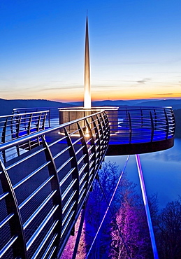 Illuminated viewing platform Biggeblick, Biggesee reservoir, Attendorn, Sauerland, North Rhine-Westphalia, Germany, Europe