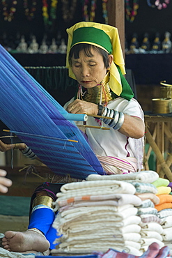 Padaung or long neck woman weaving, Inle lake, Myanmar, Asia