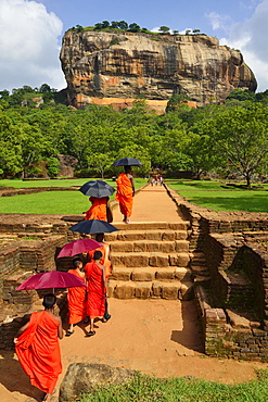 Buddhist monks on their way to the Lion Rock, Sigiriya, UNESCO World Heritage Site, Sigiriya, Central Province, Sri Lanka, Asia