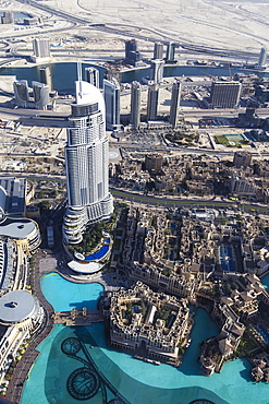 View from the Burj Khalifa on the Dubai Mall, the Fountain Lake and the The Address Downtown Dubai skyscraper, Dubai, United Arab Emirates, Asia