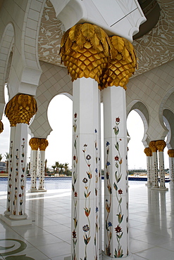 Decorated columns in Sheikh Zayed Mosque, Abu Dhabi, Emirate of Abu Dhabi, United Arab Emirates, Asia