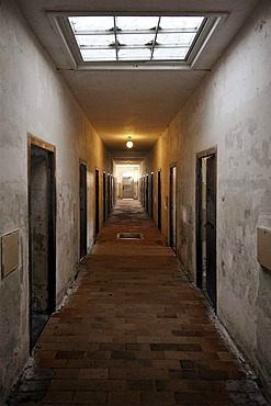 Corridor in a jail, bunker with celldoors, Dachau Concentration Camp, Dachau, near Munich, Bavaria, Germany, Europe