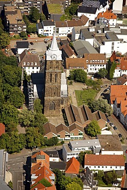 Aerial view, steeple of Marienkirche or St. Mary's church in Minden, Minden-Luebbecke, North Rhine-Westphalia, Germany, Europe