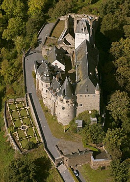 Aerial view, Buerresheim castle near Mayen, Sankt Johann, Eifel mountain range, Rhineland-Palatinate, Germany, Europe