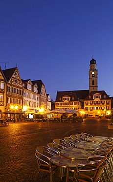 Marketplace with the Zwillingshaeuser twin houses and the tower of the Cathedral of St. John Baptist, Bad Mergentheim, Tauber Valley, Hohenlohe, Baden-Wuerttemberg, Germany, Europe