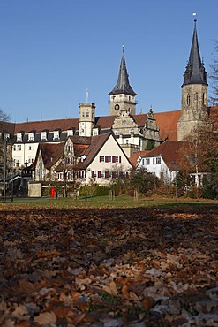 Oehring Castle in front of the Collegiate Church of St. Peter and Paul with the Blasturm tower, Oehringen, Hohenlohe, Baden-Wuerttemberg, Germany, Europe