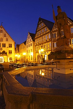 Old Town Hall and Milchlingsbrunnen Fountain, Marktplatz square, Bad Mergentheim, Tauber, Hohenlohe, Baden-Wuerttemberg, Germany, Europe, PublicGround