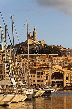 Vieux Port, old port of Marseille, church of Notre Dame de la Garde at back, Bouches-du-Rhone, Provence, France, Europe