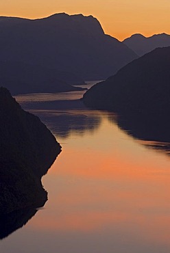 Sunset behind Innvikfjord, a part of Nordfjord, Solvberg, Solvberg, BlaksÃŠter, Blaksaeter, Sogn of Fjordane, Norway, Europe