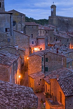 The tufa town of Sorano at the blue hour, Tuscany, Italy, Europe