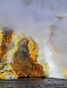 Outlet of the Excelsior Geyser in Firehole River, Midway Geyser Basin, colourful thermophilic bacteria, microorganisms, geysers, hot springs, Yellowstone National Park, Wyoming, United States of America, USA