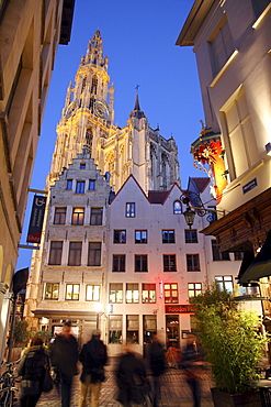 Guild houses, gabled houses, narrow alley, view of the cathedral, historic centre of Antwerp, Flanders, Belgium, Europe