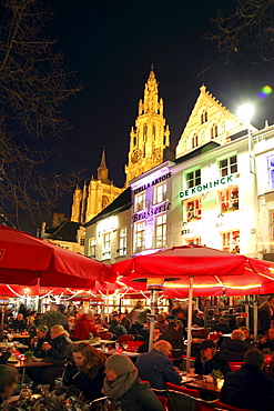 Guild houses, gabled houses, view of the cathedral, bars, restaurants, cafes on Groenplaats, historic centre of Antwerp, Flanders, Belgium, Europe