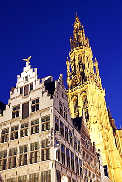 Guild house, gabled house, ornate facade, golden figure on the pointed gable, Grote Markt, historic centre of Antwerp, Flanders, Belgium, Europe