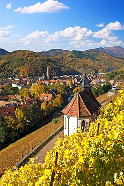 Chapel of St. Urban in the autumnal vineyards of Thann, Alsace, France, Europe