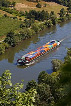 Cargo ship with containers on the Neckar, Neckarsteinach, Neckartal Nature Park, Odenwald, Hesse, Germany, Europe, PublicGround