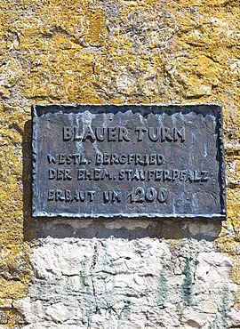 Plaque for Blauer Turm, The Blue Tower, western keep of the former Staufen Imperial Palace, historic town centre of Bad Wimpfen, Neckartal, Baden-Wuerttemberg, Germany, Europe, PublicGround