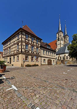 Franconian half-timbered buildings with the Collegiate Church of St. Peter, historic town centre of Bad Wimpfen, Neckartal, Baden-Wuerttemberg, Germany, Europe, PublicGround