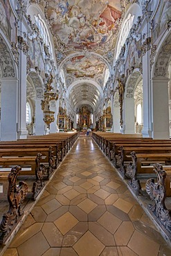 Interior view of the magnificent parish church of St. John the Baptist, old Premonstratensian abbey church, Steingaden, Upper Bavaria, Bavaria, Germany, Europe