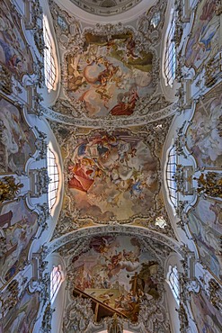 Ceiling paintings in the magnificent parish church of St. John the Baptist, old Premonstratensian abbey church, Steingaden, Upper Bavaria, Bavaria, Germany, Europe