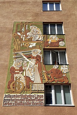 Relief on a house, woolen cloth weavers, Wollweberzentrum, Postgasse street 1, Vienna, Austria, Europe