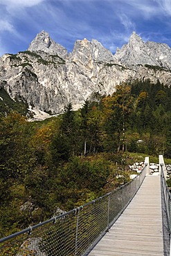 Suspension bridge in Klausbachtal valley, rebuilt after a landslide in 2010, Muehlsturzhoerner mountains, Hintersee, Upper Bavaria, Bavaria, Germany, Europe